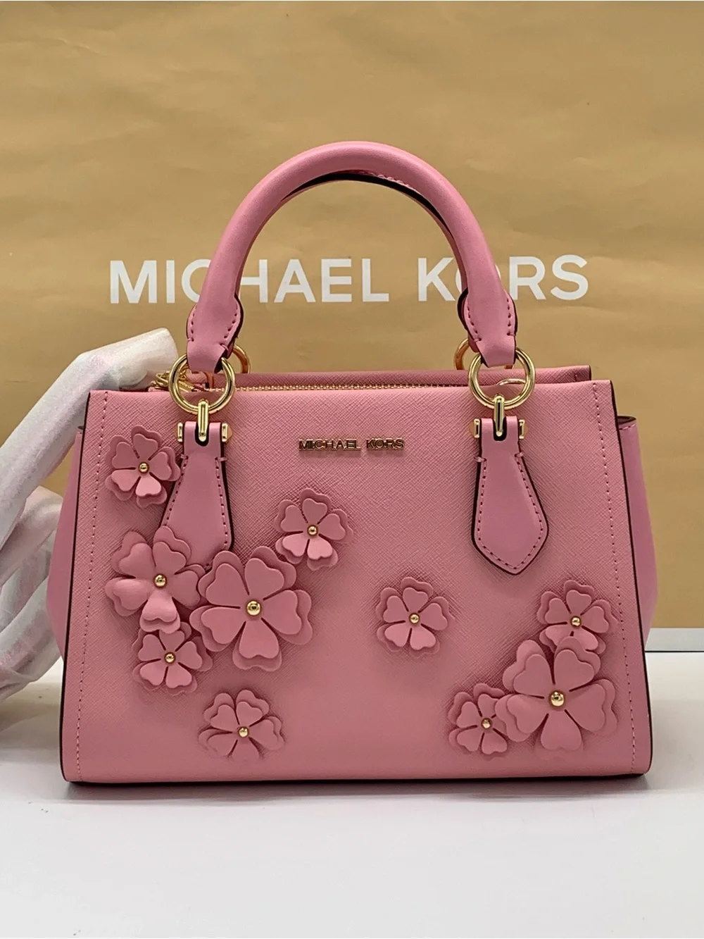 MICHAEL KORS Marilyn small Carnation Floral Applique Satchel with Gold Hardware